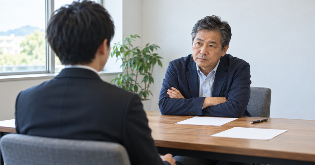 腕を組んで候補者を見つめる経営者と、緊張して座る面接の候補者