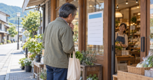地方の店先の貼り紙を、通りがかりの地元の人が足を止めて見ている様子