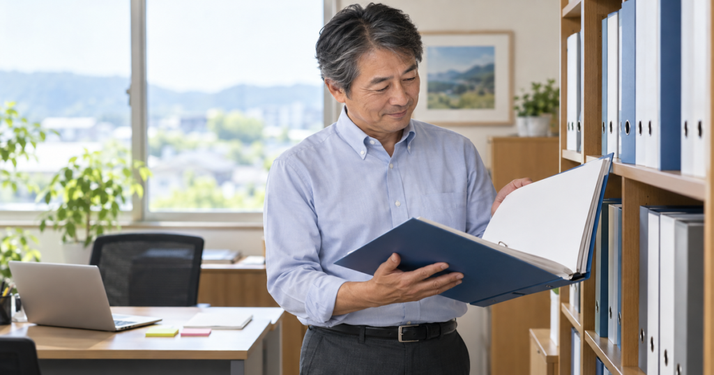 事務所の棚の前で、経営者が過去の応募書類ファイルを静かに見返している様子