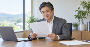 空白のある履歴書を、落ち着いた表情で確認する経営者