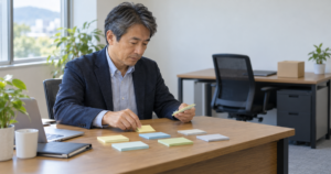 退職者の業務を書き出したカードを机で仕分ける経営者