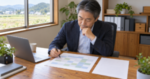 休日の内訳を表した色分けの表をペンで確認する経営者