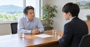 会議室で、50代の経営者が穏やかに身を乗り出し、若い応募者の話に耳を傾けている様子
