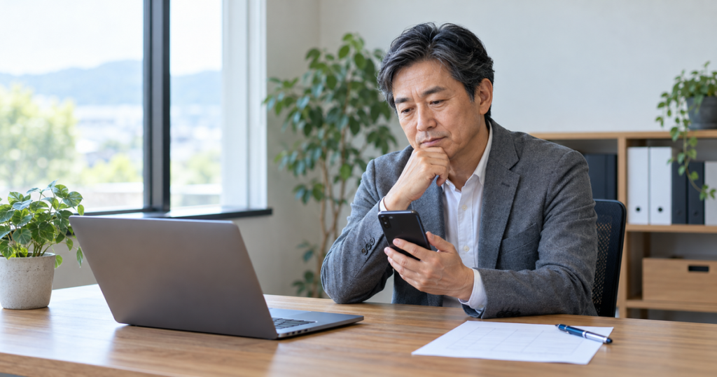 通知のないスマホを手に、穏やかに次の一手を考える経営者
