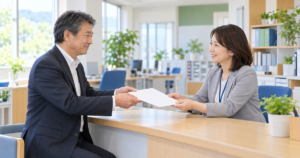 学校の就職窓口で、経営者が担当職員に求人票を差し出して相談している様子