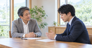 穏やかにうなずいて話を聞く経営者と、考えながら話す面接の候補者