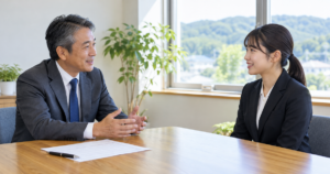 面接官と候補者が向かい合って話す机の端に、検査用紙とペンが置かれている様子